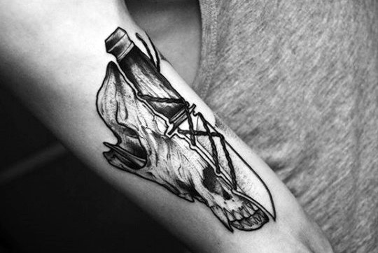 mens-dagger-wolf-skull-forearm-tattoos