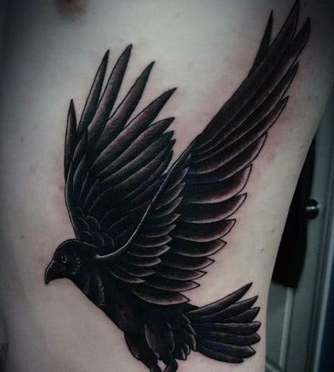 Mens Dark Flying Raven Tattoo On Torso
