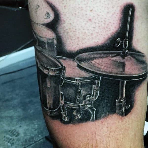 Mens Dark Music Metallic Drum Tattoo On Bicep