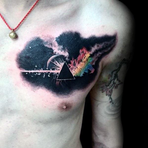 Mens Dark Side Of The Moon Upper Chest Watercolor Tattoo Design Ideas