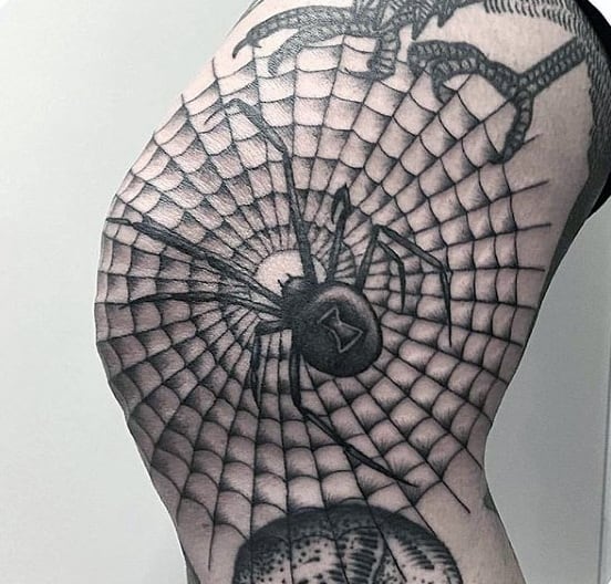 Mens Dark Spider In Web Tattoo On Legs