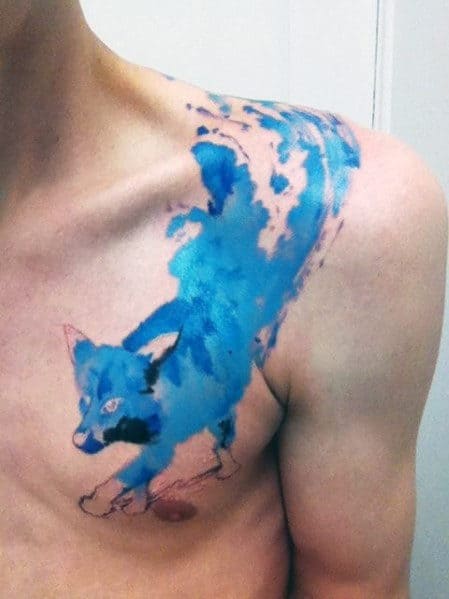 Mens Dazzling Blue Fox Watercolor Tattoo On Chest