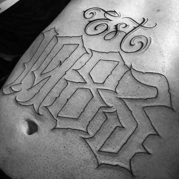 Mens Decorative Black Ink Outline Est 1983 Tattoo On Stomach