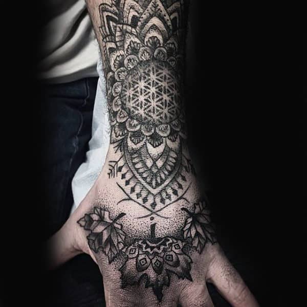 Mens Decorative Geometric Maple Leaf Hand Tattoos