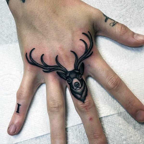 Mens Deer Head Hand Small Tattoo Design Inspiration