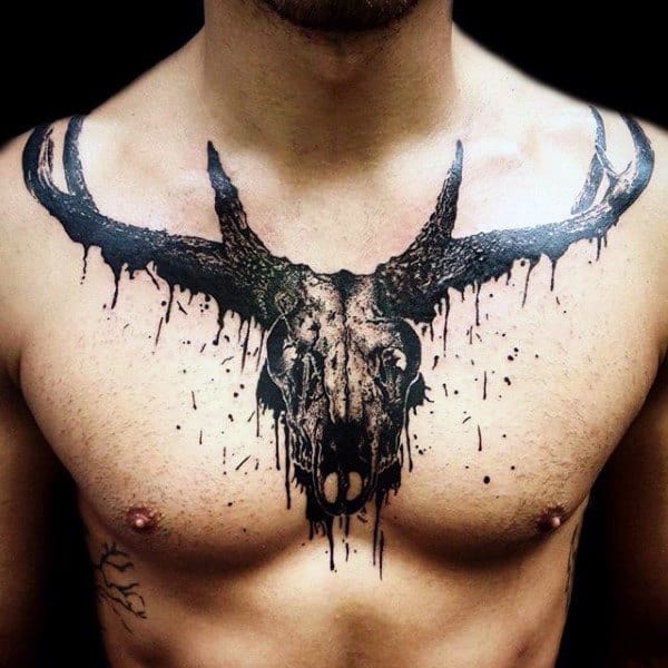 Mens Deer Skull Tattoos On Chest In Black Ink