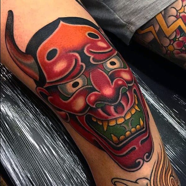 Mens Demon Mask Knee Tattoos