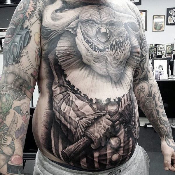 Mens Demonic Clown Full Chest Tattoo With Realistic Design