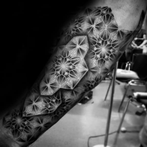 Mens Detailed Dotwork Geometric Forearm Tattoo Ideas