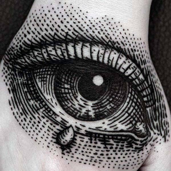 Mens Detailed Eye With Tear Drop Woodcut Hand Tattoo