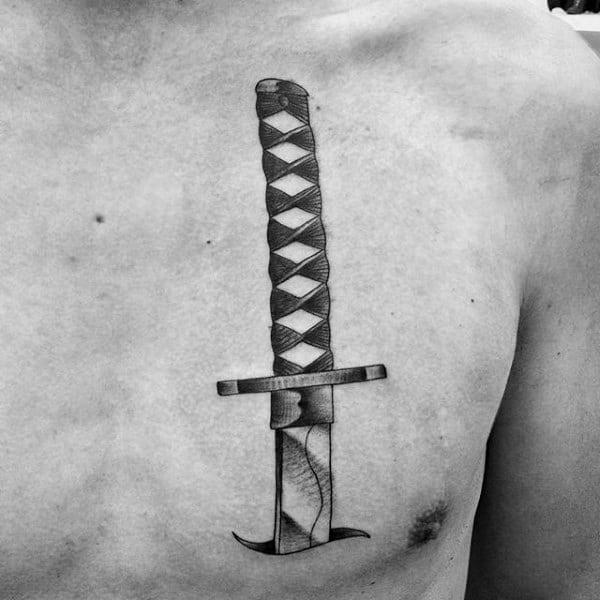 Mens Detailed Katana Upper Chest Sword Tattoo