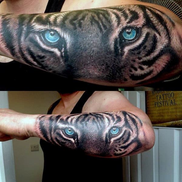 Mens Detailed Tiger With Blue Eyes Outer Forearm Tattoo