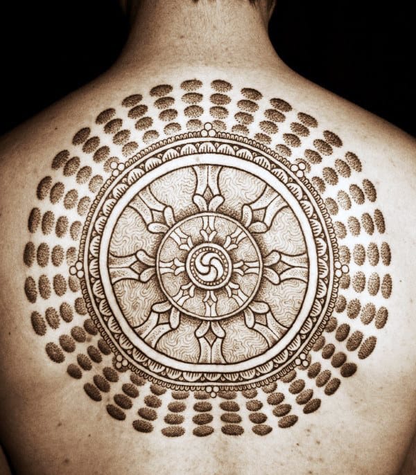 Mens Dharma Wheel Dotwork Detailed Back Circle Tattoo