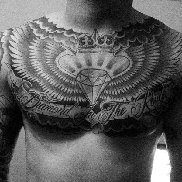 Mens Diamond With Wings Chest Quote Tattoos