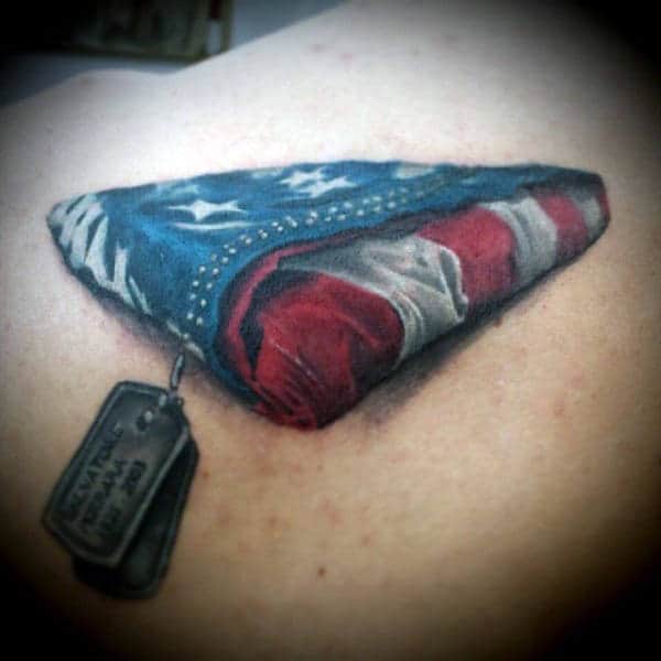 Mens Dog Tag Tattoos With Folded American Flag On Back