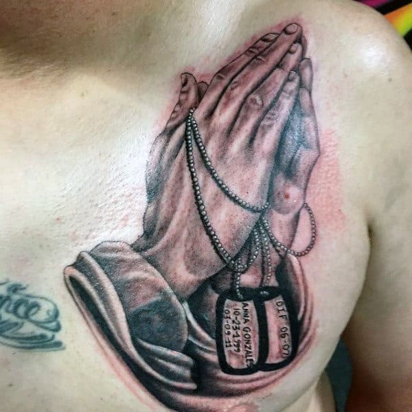 Mens Dog Tags Tattoo Praying Hands Designs On Chest