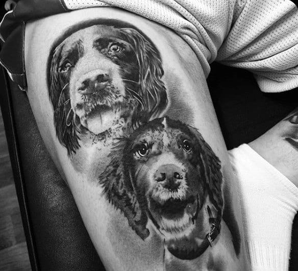 Mens Dog Tattoos On Thigh Shaded Black Ink