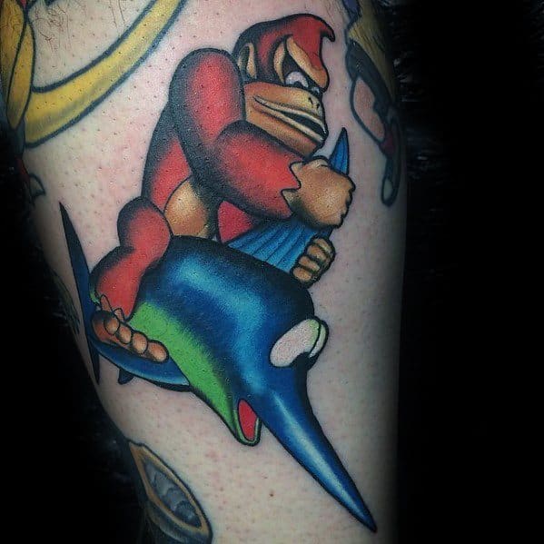 Mens Donkey Kong Riding Fish Leg Tattoo Ideas