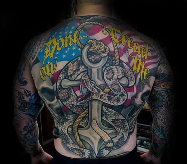 Mens Dont Tread On Me Anchor With American Flag And Rattlesnake Full Back Tattoos
