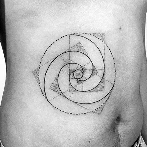 Mens Dotwork Fibonacci Spiral Stomach Tattoo Deisgns
