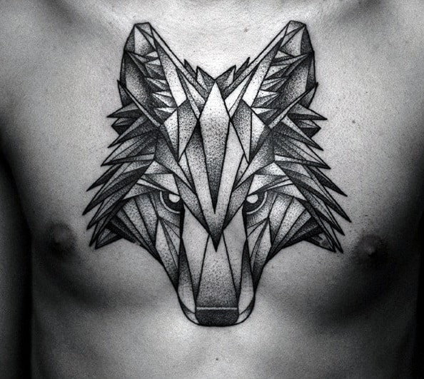 Mens Dotwork Shaded Geometric Wolf Chest Tattoo