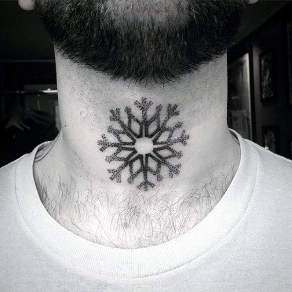 Mens Dotwork Small Snowflake Front Of Neck Tattoo