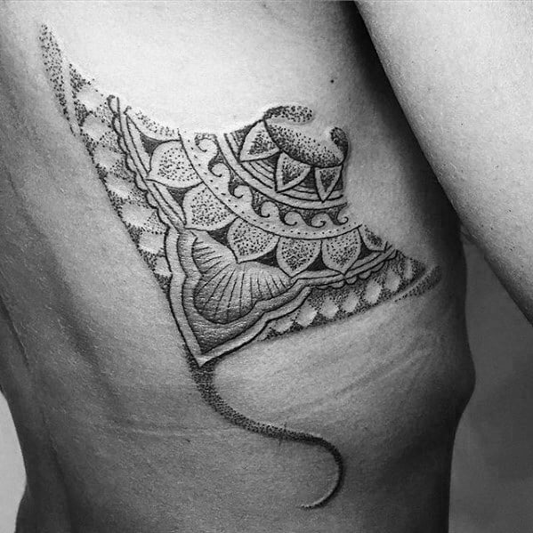 Mens Dotwork Tribal Pattern Rib Cage Side Tattoo Ideas With Manta Ray Design