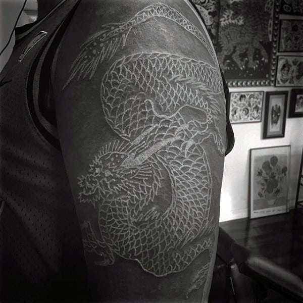 Mens Dragon White Ink Sleeve Tattoo Ideas