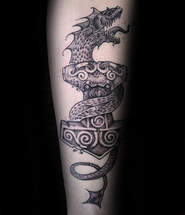 Mens Dragon Wrapped Around Mjolnir Forearm Tattoo