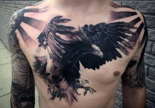 Men's Eagle Feather Tattoo Across Chest