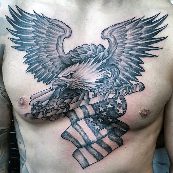 Mens Eagle Flying With American Flag Shaded Chest Tattoo Designs