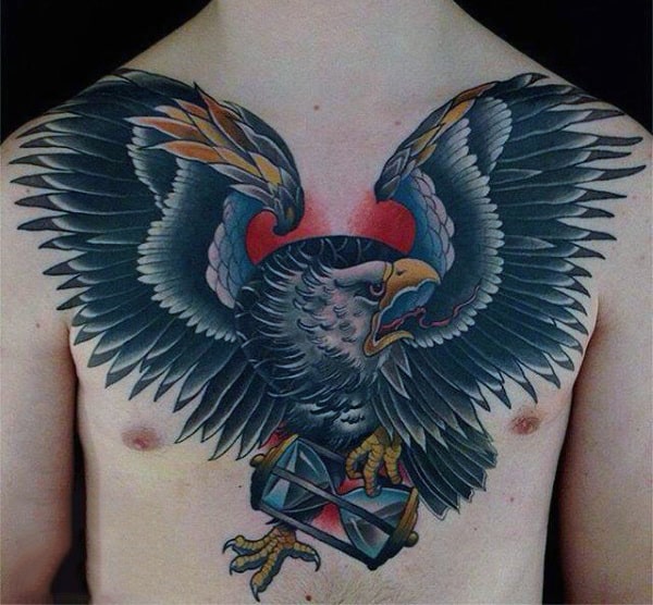 Mens Eagle Flying With Hourglass Chest Tattoo