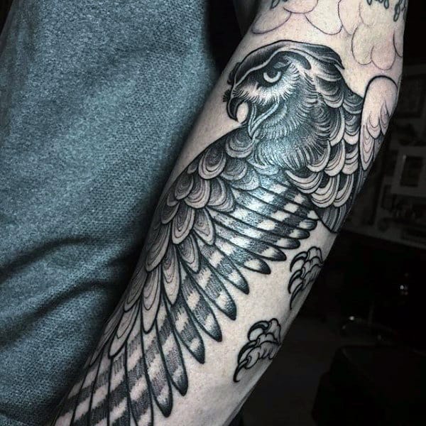 Mens Eagle Head And Feather Tattoo On Forearms