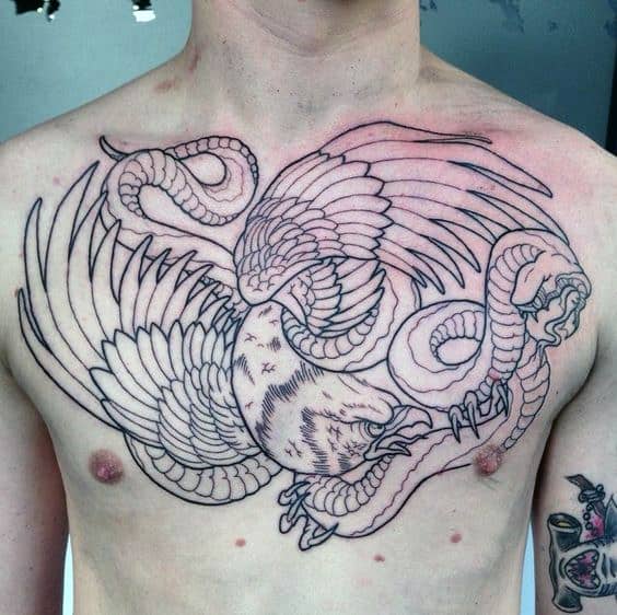 Mens Eagle Vs Snake Black Ink Outline Tattoo Design On Upper Chest