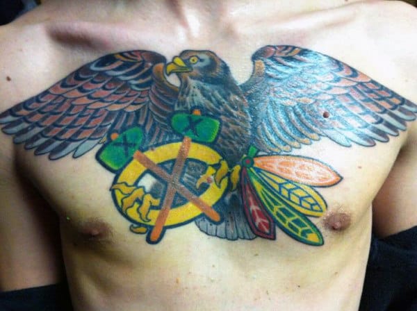 Mens Eagle With Chicago Blackhawks Logo Chest Tattoo