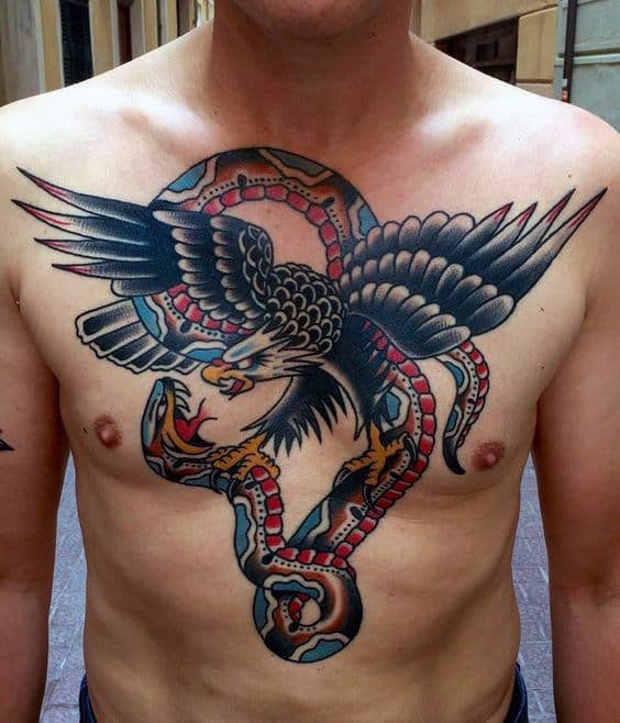 Mens Eagle With Snake Traditional Chest Tattoo