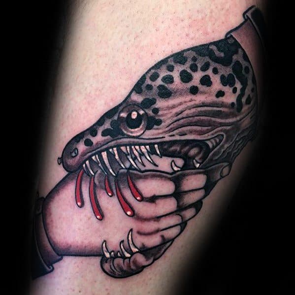 Mens Eel Bite Handshake Arm Tattoo Design Inspiration