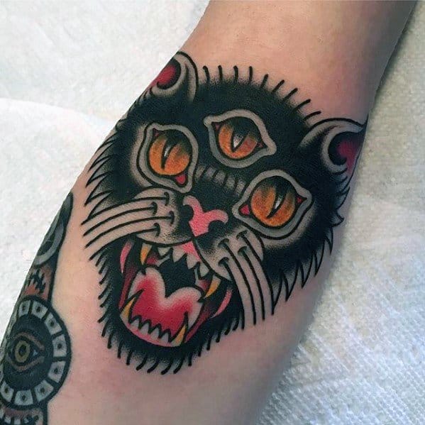 Mens Elbow Cat With Three Eyes Crease Ditch Tattoo