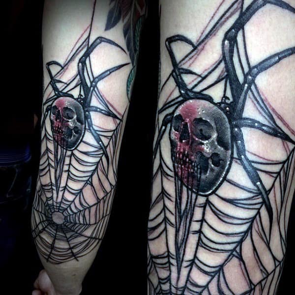 Mens Elbow Skull Spider Web Tattoo Designs