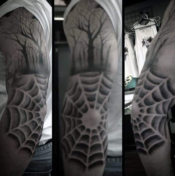 Mens Elbow Spider Web Tattoo With Forest Scene