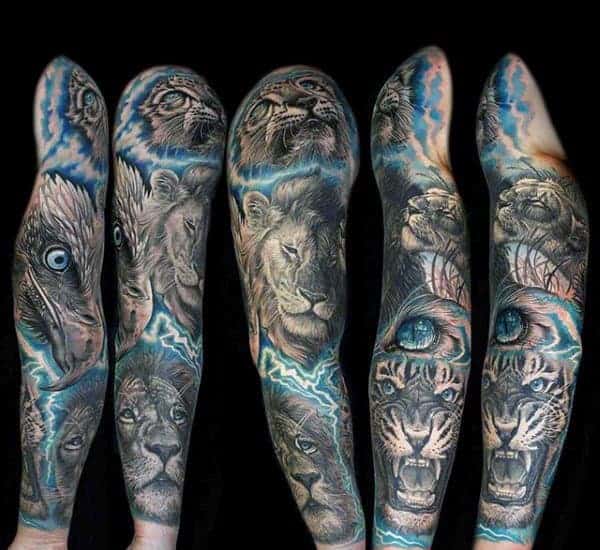 mens-electric-blue-ink-big-cat-lion-full-sleeve-tattoo-designs