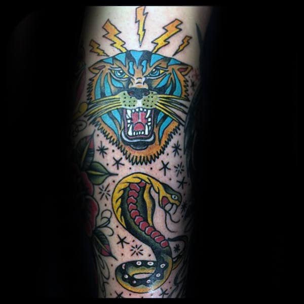 Mens Electric Tiger Traditional Arm Tattoos