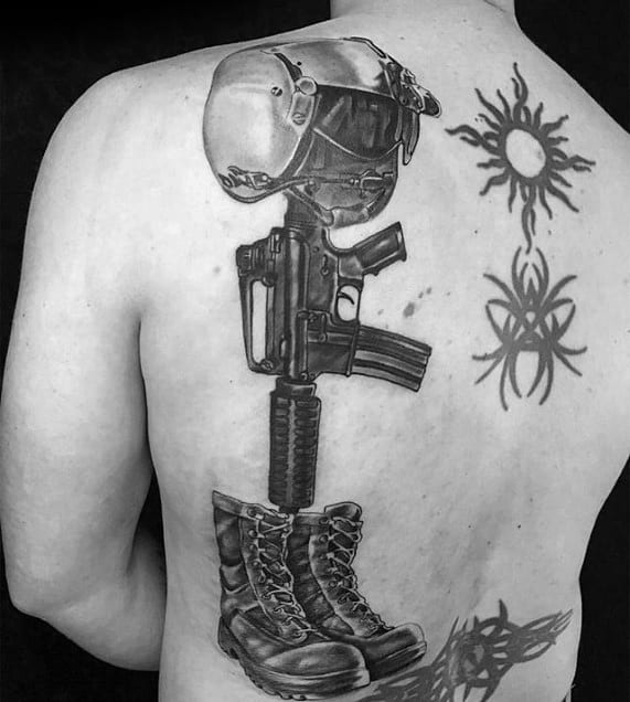 Mens Fallen Pilot Soldier Back Cross Tattoo