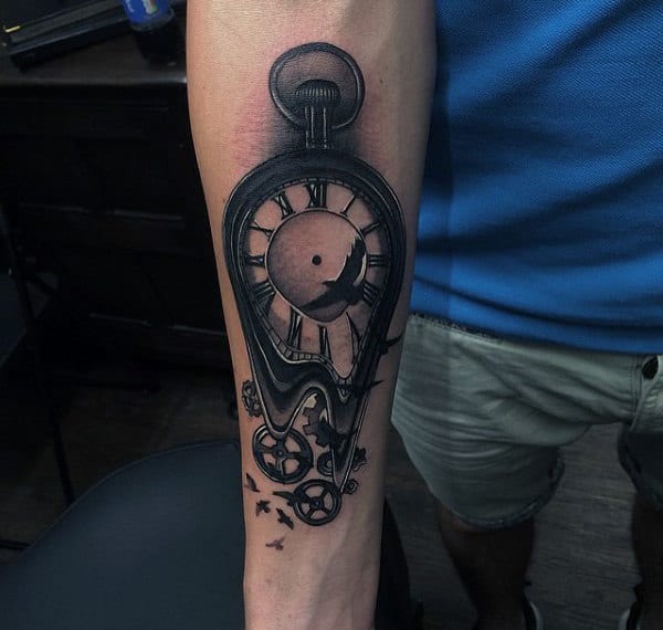Mens Falling Gears And Melting Clock Inner Forearm Tattoo