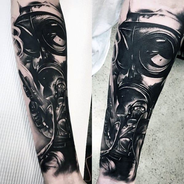 Mens Fallout Realistic 3d Gas Mask Forearm Sleeve Tattoo