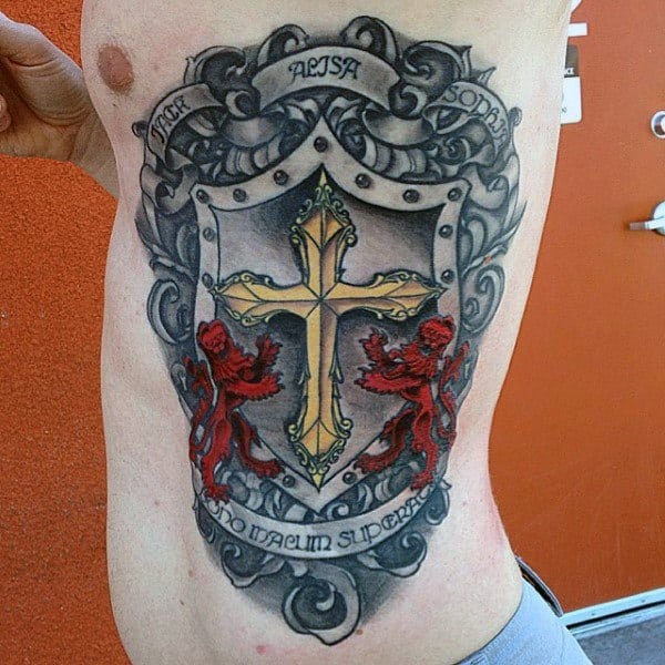 Mens Family Crest Sheild Cross Rib Cage Side Tattoo Designs