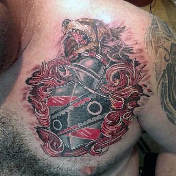 Mens Family Crest Tattoos On Upper Chest In Red Ink