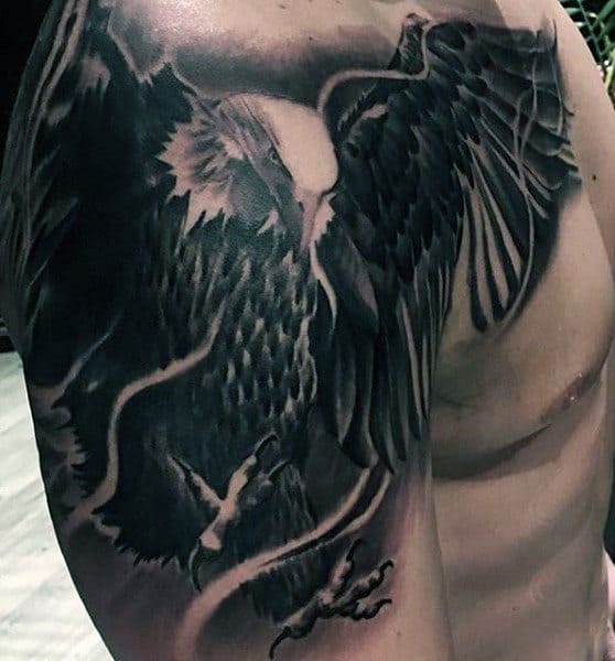 Mens Fantastic Black Bald Eagle Tattoo On Shoulders