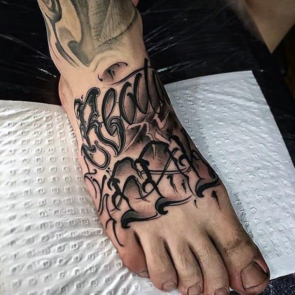 Mens Feet Badass Lettering Tattoo