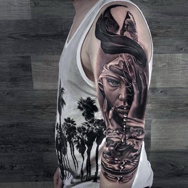 Mens Female Portrait Black Ink Half Sleeve Tattoo Ideas